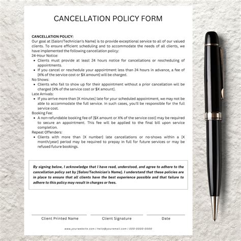 Editable Cancellation Policy Form Template Printable Salon Spa Lash ...