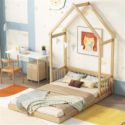 Montessori Full Size Floor Bed, Wooden Bed Frame with House-Shaped Roof ...