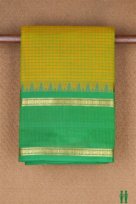 Allover Checks Design Pear Green Chettinadu Cotton Saree – Sundari Silks