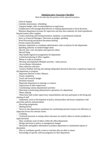 Administrative Associate Checklist - Blank Fillable Template | Fill Out ...
