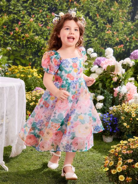 Toddler Girls Floral Print Puff Sleeve Organza Overlay Dress | Kids ...