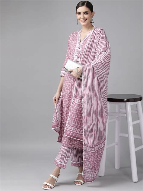 Lavender & Off-White Printed Dupatta Set freeshipping - Yufta Store