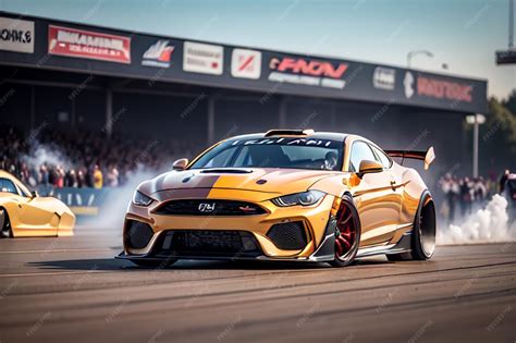 Premium Photo | A yellow ford mustang gtr is racing on a track with a sign that says ford ...