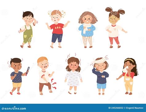 Sick Little Boy and Girl Feeling Unwell Suffering from Chicken Pox, Flu and Dizziness Vector ...