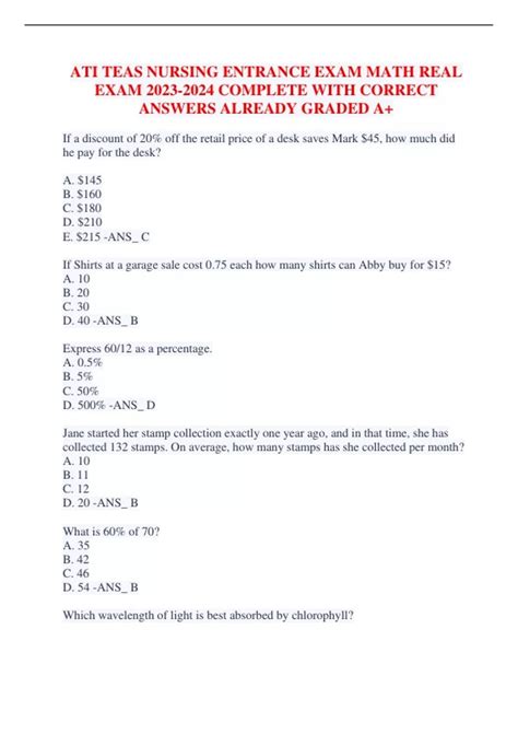 ATI TEAS NURSING ENTRANCE EXAM MATH REAL EXAM COMPLETE WITH CORRECT ...