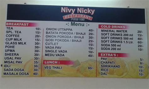 Menu at Nivy Nicky Pure Veg and non vej restaurant, Banda