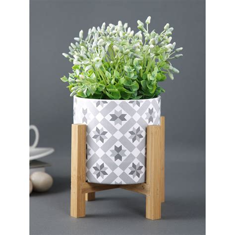 Buy TAHYAA Ceramic Matte Planter with Wooden Stand Online