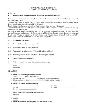 Fillable Online Sample Test Paper for Class IV English - Grace Academy ...
