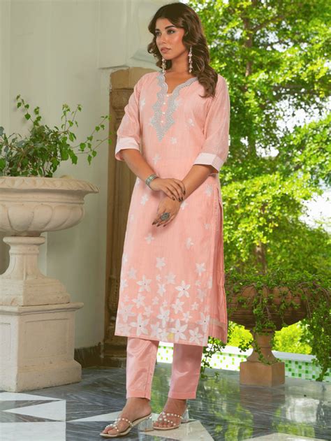 Buy Embroidered Chanderi Jacquard Floral Straight Peach Kurta, Trousers ...
