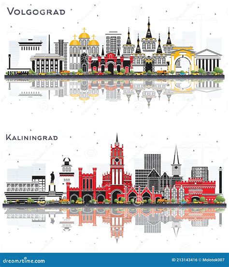 Kaliningrad and Volgograd Russia City Skyline Set Stock Illustration ...