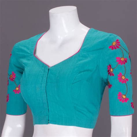 Blue Hand Embroidered Silk Blouse 10068044 | Avishya.com