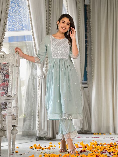 Varanga light blue embroidered three quarter sleeve straight kurta with ...