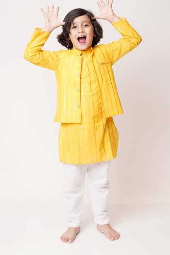 Buy Yellow Cotton Stripe Pattern Bundi And Kurta Set For Boys by Tiny ...