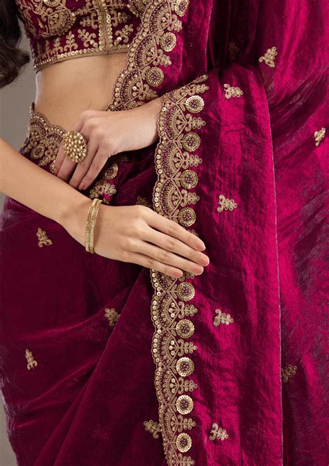 Buy Dark Maroon Zariwork Tissue Saree - Koskii