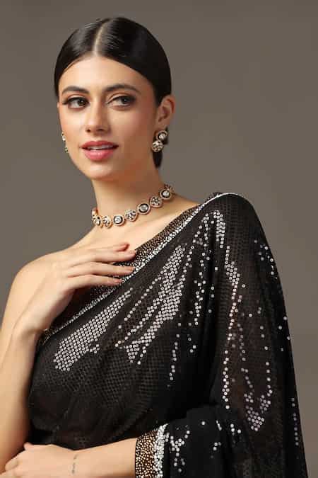 Buy Black Georgette Sequins Swarovski Embellished Saree With Unstitched ...