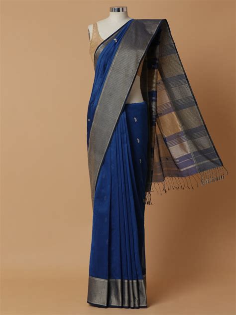 Shop Maheshwari Cotton Silk Blue Saree With Woven Butta – Binks