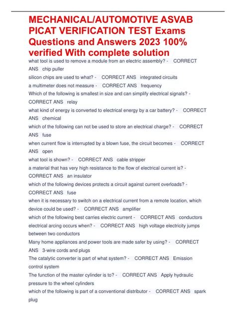 MECHANICAL AUTOMOTIVE ASVAB PICAT VERIFICATION TEST Exams Questions and ...