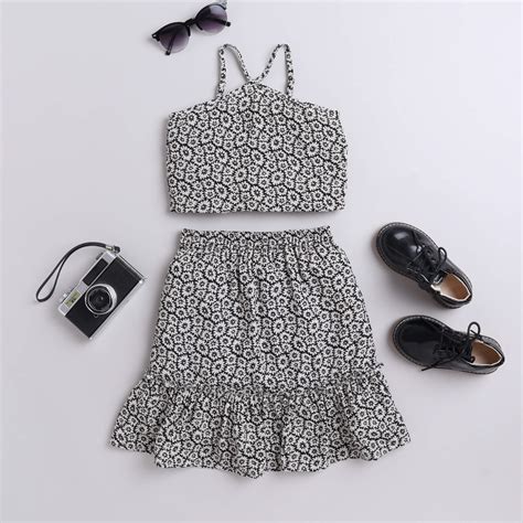 Shop Floral Printed Sleeveless Halter Neck Crop Top And Matching Tiered ...