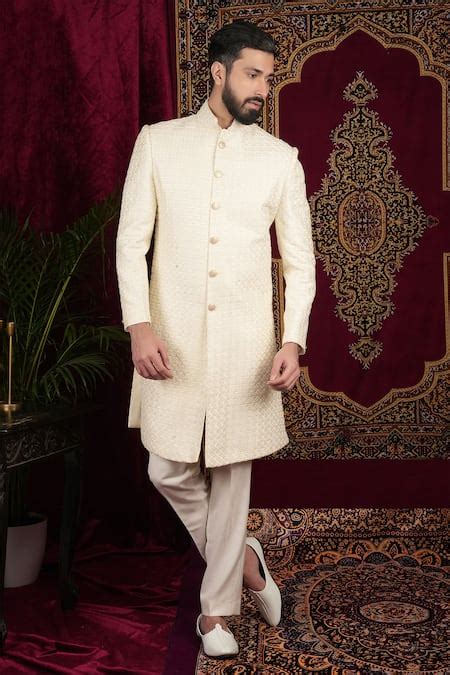 Buy Cream Faux Leather Cut Work, Sequins, Embroidery Geometric Sherwani ...