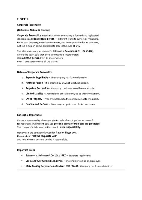 UNIT 1 Company Law: Corporate Personality & Incorporation Concepts ...