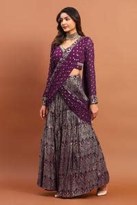 Buy Purple Georgette Beads, Sequins V-neck Printed Lehenga Saree And ...