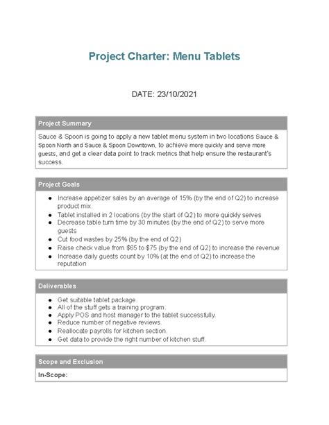 Charter Danial - assignment - Project Charter: Menu Tablets DATE: 23/10 ...
