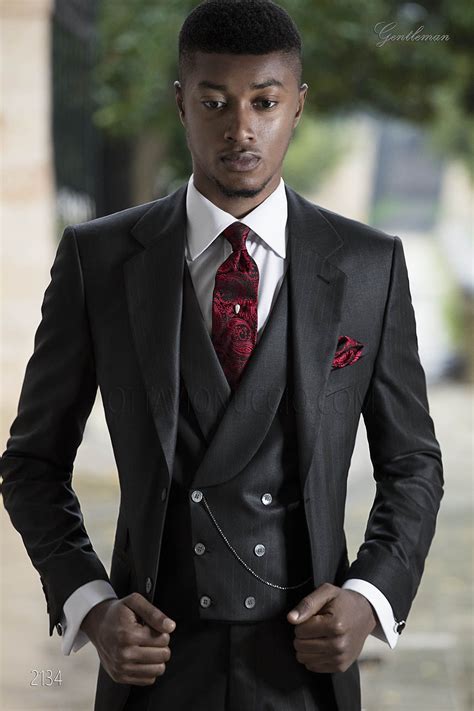 Bespoke italian men suit for groom in black-red pinstriped. Suit ONGala ...