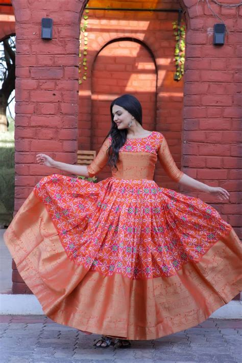 Patola Print Jacquard Silk Orange Color Gown – Vastra Shop