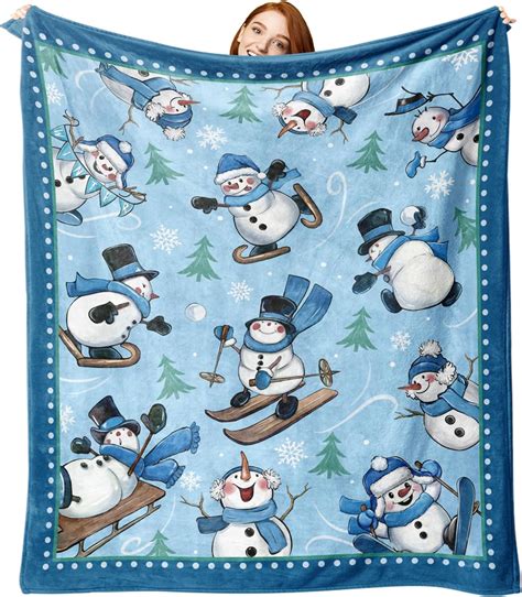 Amazon.com: Zzkol Winter Skiing Snowman Blue Flannel Blanket, Pine Tree ...