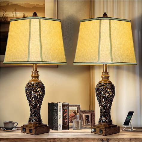 28.5'' Tall Farmhouse Vintage Table Lamp Set of 2 with Faux Silk Shade ...