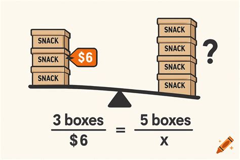 A 2D illustration of a math problem with snack boxes on a balance scale, showing 3 boxes for $6 ...
