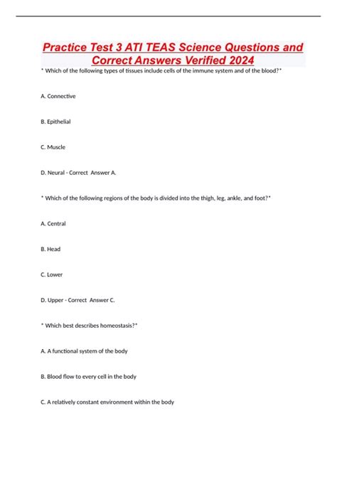 Practice Test 3 ATI TEAS Science Questions and Correct Answers Verified ...