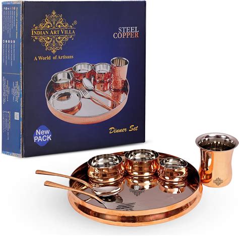 INDIAN ART VILLA Silver Plated 7 Piece Embossed Design Dinner Set with ...