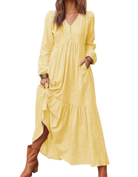 Womens Long Sleeve Casual Dress Pleated Loose High Waist Flowy Midi ...