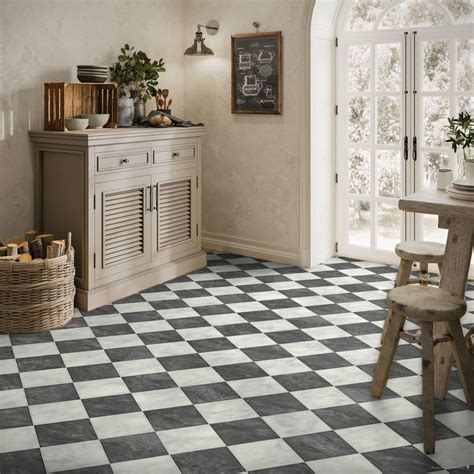 Checkerboard Sheet Vinyl Flooring Lino in Black and White Marble Tile ...