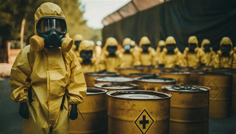 People in a radiation suit radiation sign barrels of nuclear waste ...