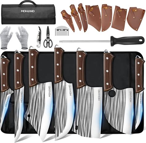 Amazon.com: MDHAND 14PCS Professional Butcher Knife Set with Roll Bag, Hand Forged Serbian Chef ...
