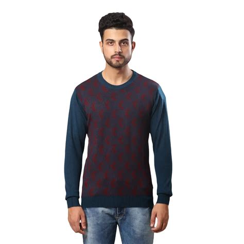 Men Petrol Jacquard Acrylic Wool Blend Round Collar Sweaters – MyRaymond