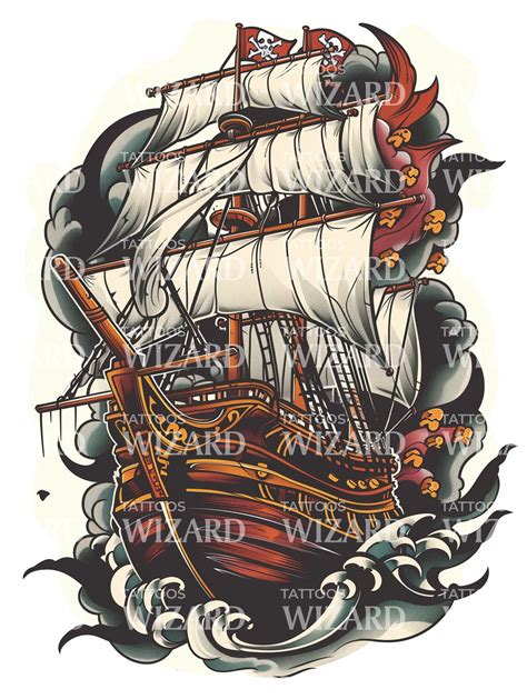Traditional Pirate Ship Tattoo Idea – Tattoos Wizard Designs