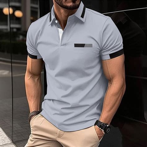 POTETI Casual Mens Polo Shirt Short Sleeve Collared Shirts Loose Pocket ...