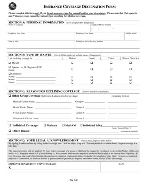 Fillable Online INSURANCE COVERAGE DECLINATION FORM X - NCBE Fax Email ...