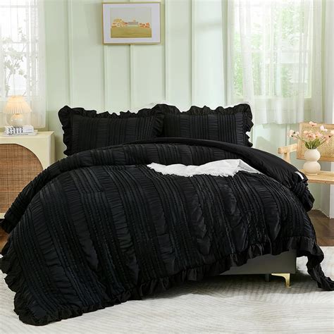 Amazon.com: WONGS BEDDING Black Comforter Set King,3 Pieces Ruffle ...