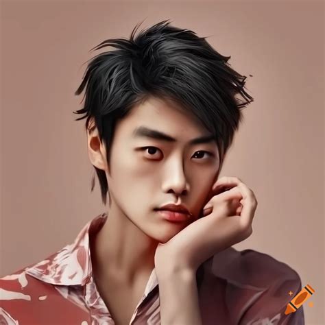 Attractive asian male with messy hair in a hawaiian shirt on Craiyon