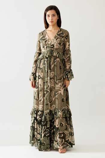 Buy Green Chiffon V-neck Floral Print Frilled Maxi Dress For Women by ...