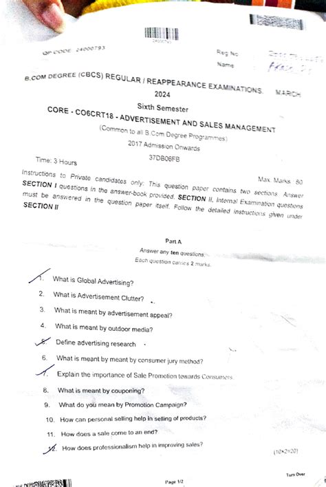 Advertisement and Sales Management MGU Sixth Sem 2024 QP - S! DEGREE ...