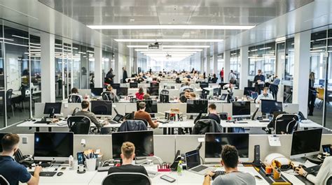 Elevated view of a busy open plan office.