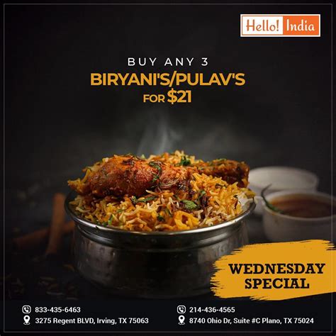 Hello! India | Wednesday Spl: Get 3 Biryani/Pulav for just $21. Offer ...