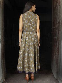 Olive Green Indigo Hand Block Printed Cotton Long Front Open Dress - D ...
