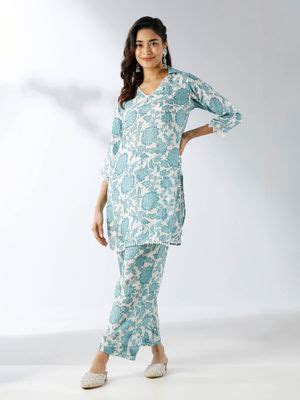 Buy Ishnya Pastel Blue Floral Printed Kurta & Pant (Set of 2) (36) Online