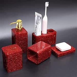 Suanti Red Bathroom Accessories Set 5 Piece with Lotion Dispenser Soap ...